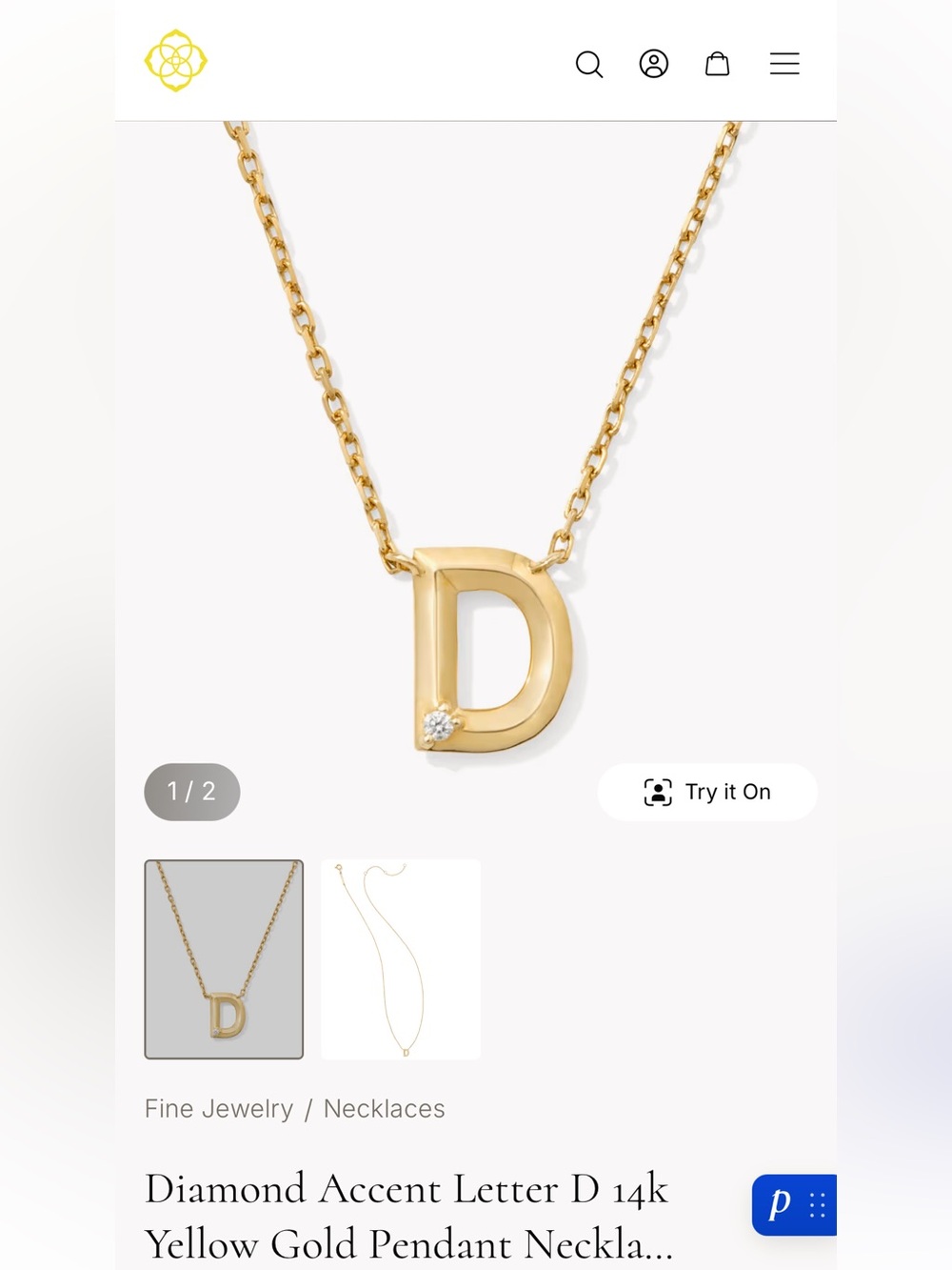 585 14K Kendra Scott Solid Gold Letter D Necklace with Diamond Accent